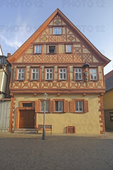 Yellow Öhniger House, red, yellow, half-timbered house, Maingasse, Karlstadt, Bavaria, Germany,