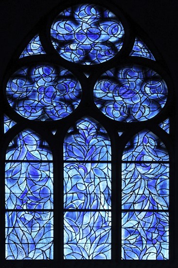 Blue church windows by Charles Marq, pupil of Marc Chagall, monochrome, blue, black, silhouette,