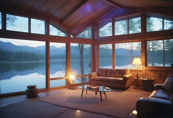 Cozy cabin living room with large windows overlooking a serene lake and mountains, creating a