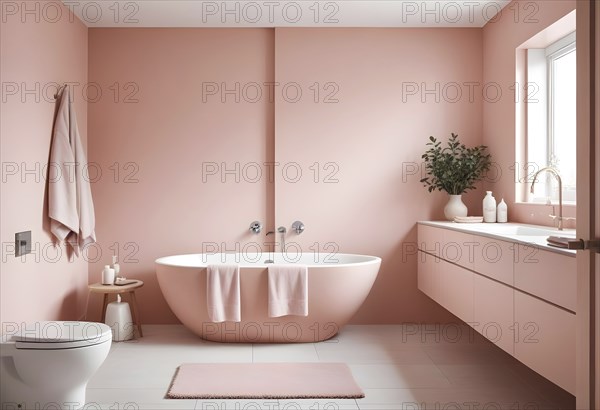 Contemporary bathroom with minimalist pink walls, a freestanding tub, and sleek fixtures, AI