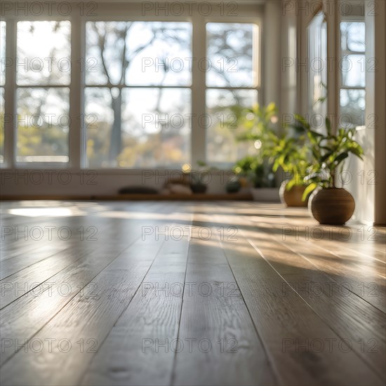 Empty bright and airy yoga studio with hardwood floors and minimalist decor, AI generated