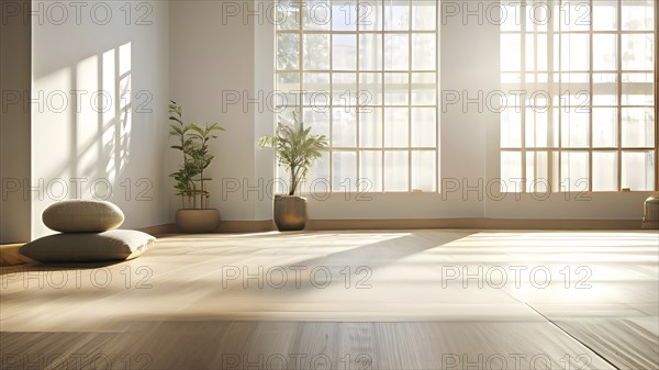Empty bright and airy yoga studio with hardwood floors and minimalist decor, AI generated