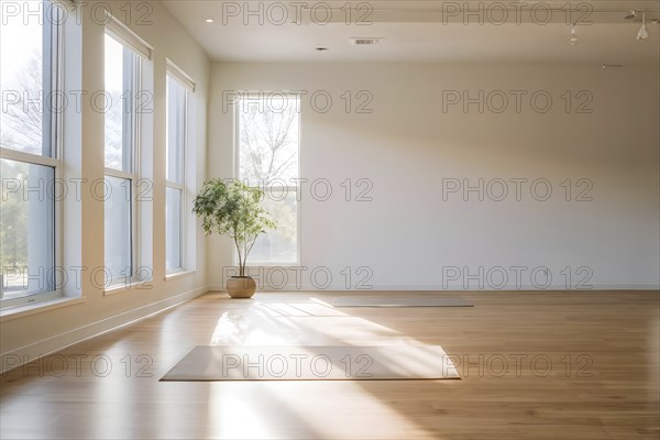 Empty bright and airy yoga studio with hardwood floors and minimalist decor, AI generated