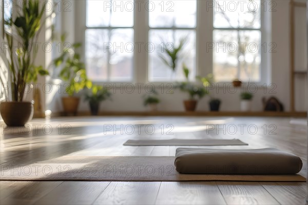 Empty bright and airy yoga studio with hardwood floors and minimalist decor, AI generated