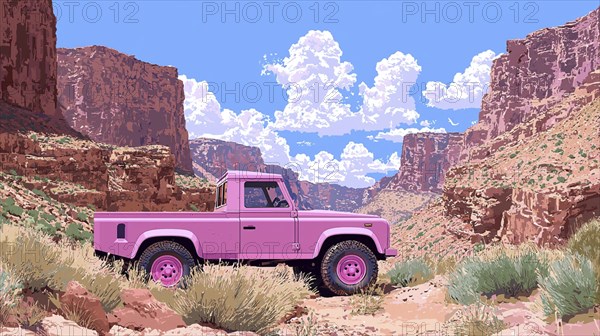 Pink truck parked in a rocky canyon under a bright clear sky, AI generated