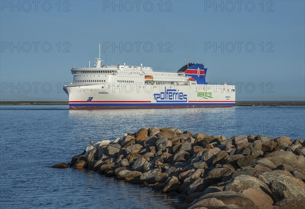 Polferries ferry Varsovia arrive in Ystad after travelling from Swinoujscie, Poland. Ystad, Scania,