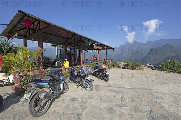 Motorbikes at Lung Ho Viewpoint, Dong Van Karst Plateau UNESCO Global Geopark, Ha Giang Province,