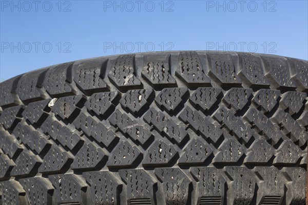 Close-up of threads on black rubber truck tire, Quebec, Canada, North America