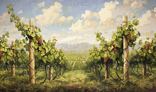 Vineyard with grapevines climbing trellises AI generated