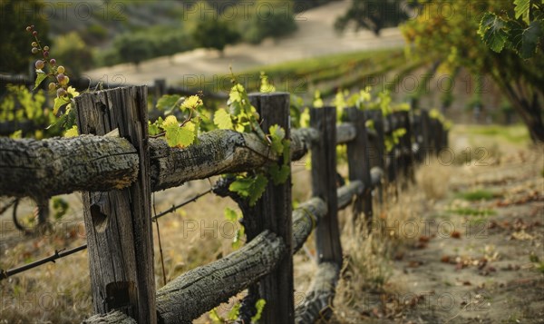 Vineyard with a rustic wooden fence and grapevines AI generated