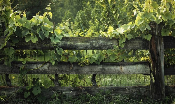 Vineyard with a rustic wooden fence and grapevines AI generated