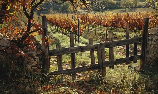 Vineyard with a rustic wooden fence and grapevines AI generated