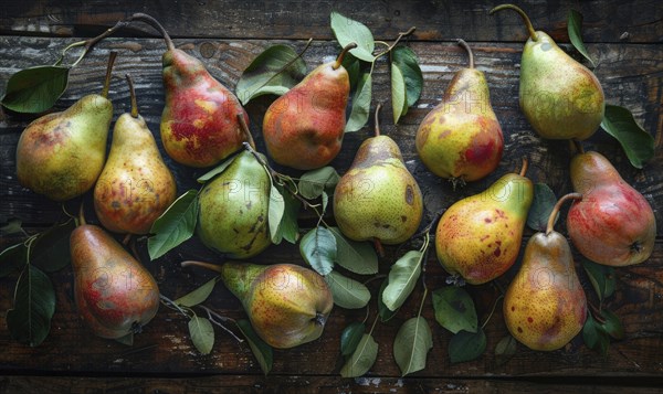 Top view of assorted pears on a rustic wooden table AI generated