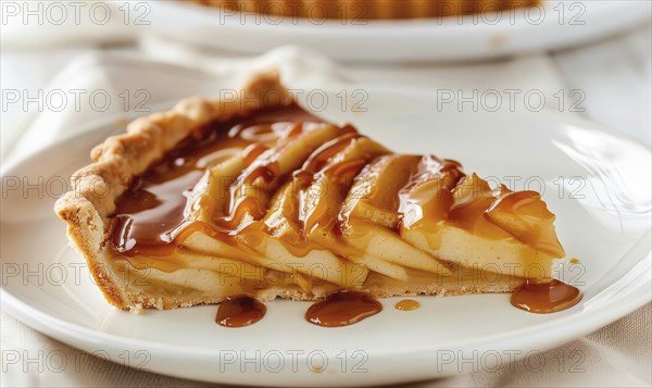 Slice of apple tart topped with caramel sauce AI generated