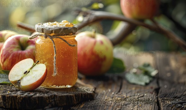 Jar of apple jam on a rustic wooden table AI generated