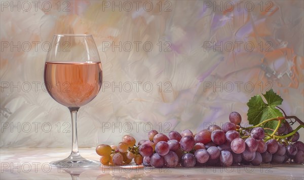 Grapes on a light pastel background with a glass of rose wine AI generated