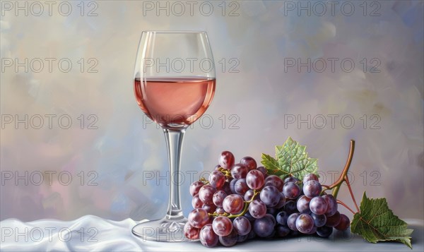 Grapes on a light pastel background with a glass of rose wine AI generated