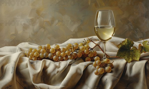 Grapes on a beige linen cloth with a glass of white wine AI generated