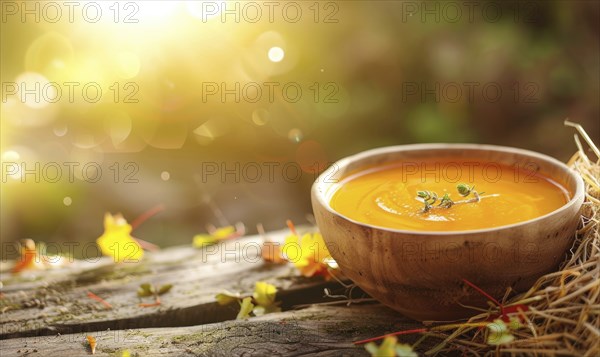 Carrot soup in a rustic bowl on a wooden table AI generated