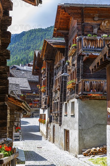Paved footpath surrounded by old wooden houses, flower boxes on balconies and windows, historic