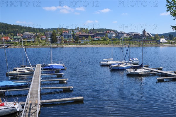 A marina at the Schluchsee with several boats in the water, in the background a town and green