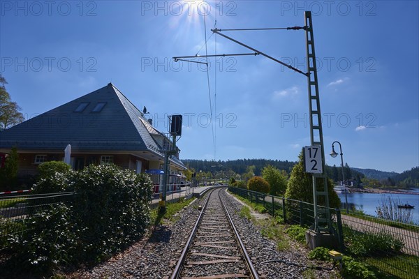 Railway tracks lead through a sunny landscape, surrounded by nature and the Schluchsee, railway