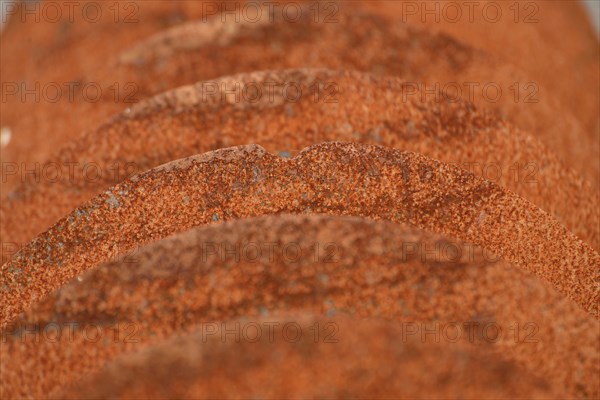 Grunge background of rusted plough shares on an old cultivator