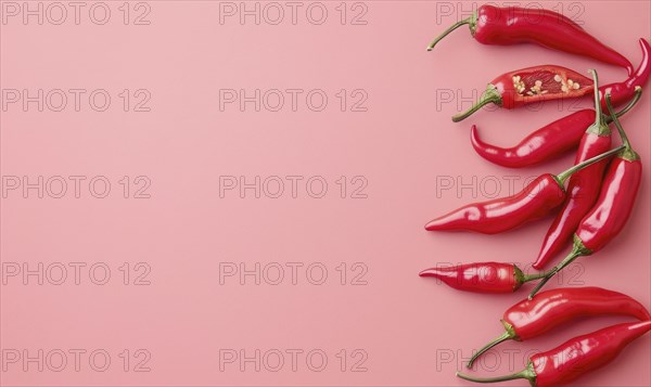 Top view of colorful peppers on a pink background AI generated