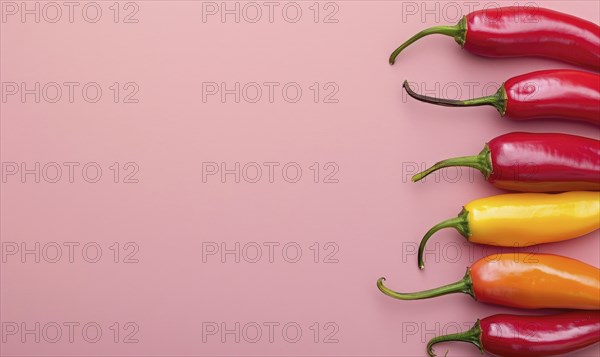 Top view of colorful peppers on a pink background AI generated