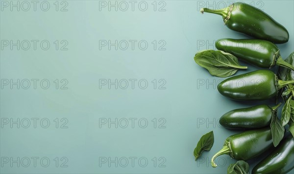 Top view of hot peppers scattered on a pastel blue background AI generated