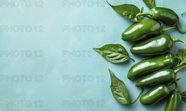 Top view of hot peppers scattered on a pastel blue background AI generated