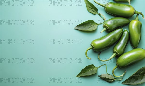 Top view of hot peppers scattered on a pastel blue background AI generated