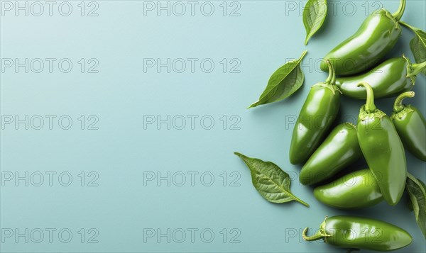Top view of hot peppers scattered on a pastel blue background AI generated