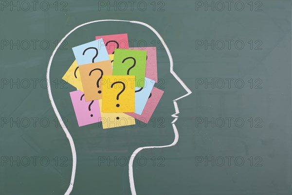 Human brain and colorful question mark draw on blackboard