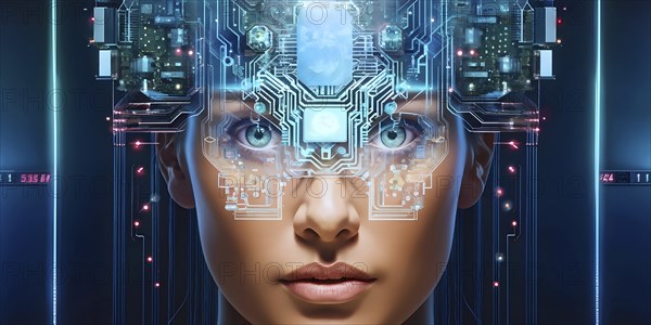 Illustration of a human brain merging with a woman's head intertwined with microchips and a