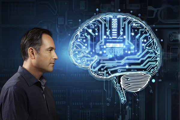 Illustration of a human brain merging with a man's head intertwined with microchips and a