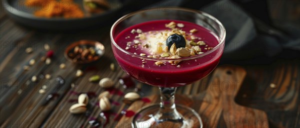 Red drink with a blueberry and pistachios on a wooden table with seeds, AI generated