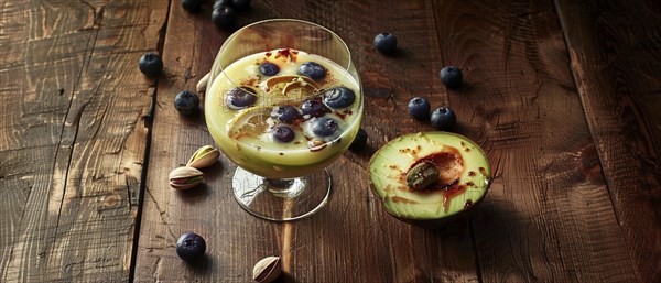 Exotic drink with avocado and blueberries on a rustic wooden background, AI generated