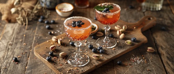 Inviting cocktail glasses with blueberries and pistachios on a rustic wood surface, AI generated