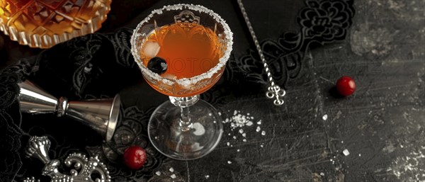 Vintage-style cocktail with a sugar rim and cherries, set against a dark, elegant background, AI