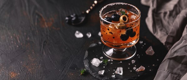 Stylish cocktail with olives and blueberries, presented in an elegant glass on a dark textured