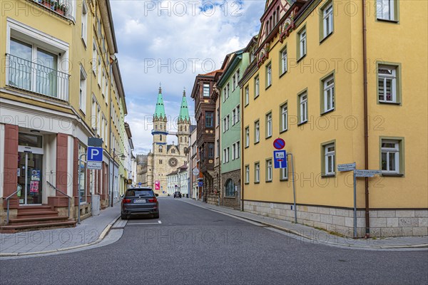 Schlundgasse with a view of the town church in Meiningen, Thuringia, Germany, Europe