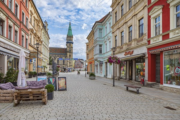 Georgstrasse with a view of the town church in Meiningen, Thuringia, Germany, Europe