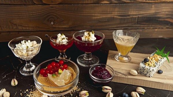 Variety of colorful desserts and cocktails on a wooden table with a sushi roll and elegant