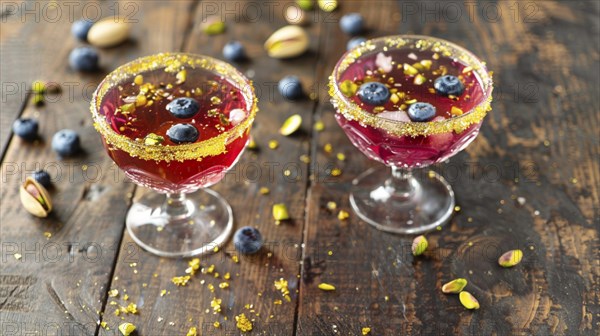 Two berry cocktails with sugar-rimmed glasses, pistachios, and blueberries on a wooden table, AI