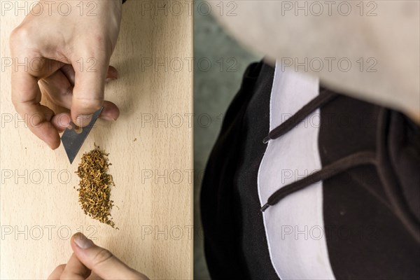 Hands preparing marijuana on the table