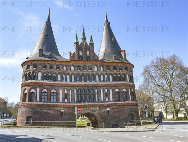 Holstentor (Holsten gate), famous historic landmark with two round towers and entrance of the