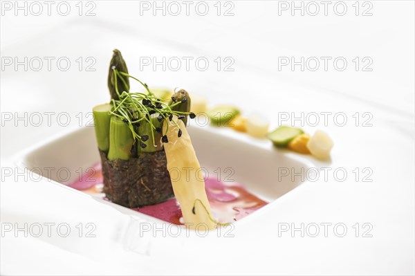 Vegetable course of a gourmet menu made of green asparagus wrapped in a nori seaweed leaf, beetroot