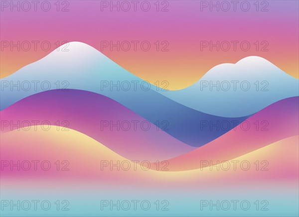 Pastel gradient abstract art depicting smooth, layered mountains in soft pink and blue tones,