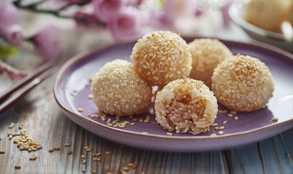 Sweet rice dumplings with sesame filling on a pastel purple plate AI generated
